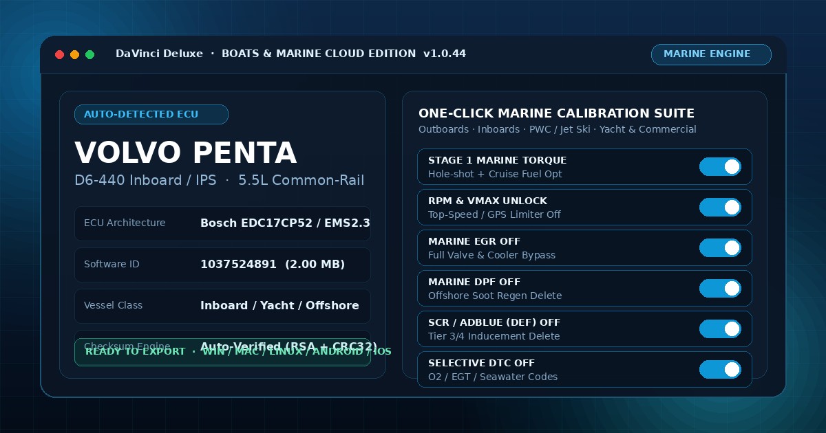 DaVinci Deluxe Marine Cloud Edition interface showing Volvo Penta D6-440 Bosch EDC17CP52 auto-detection, Stage 1 marine torque, RPM unlock, EGR, DPF, SCR and DTC OFF switches